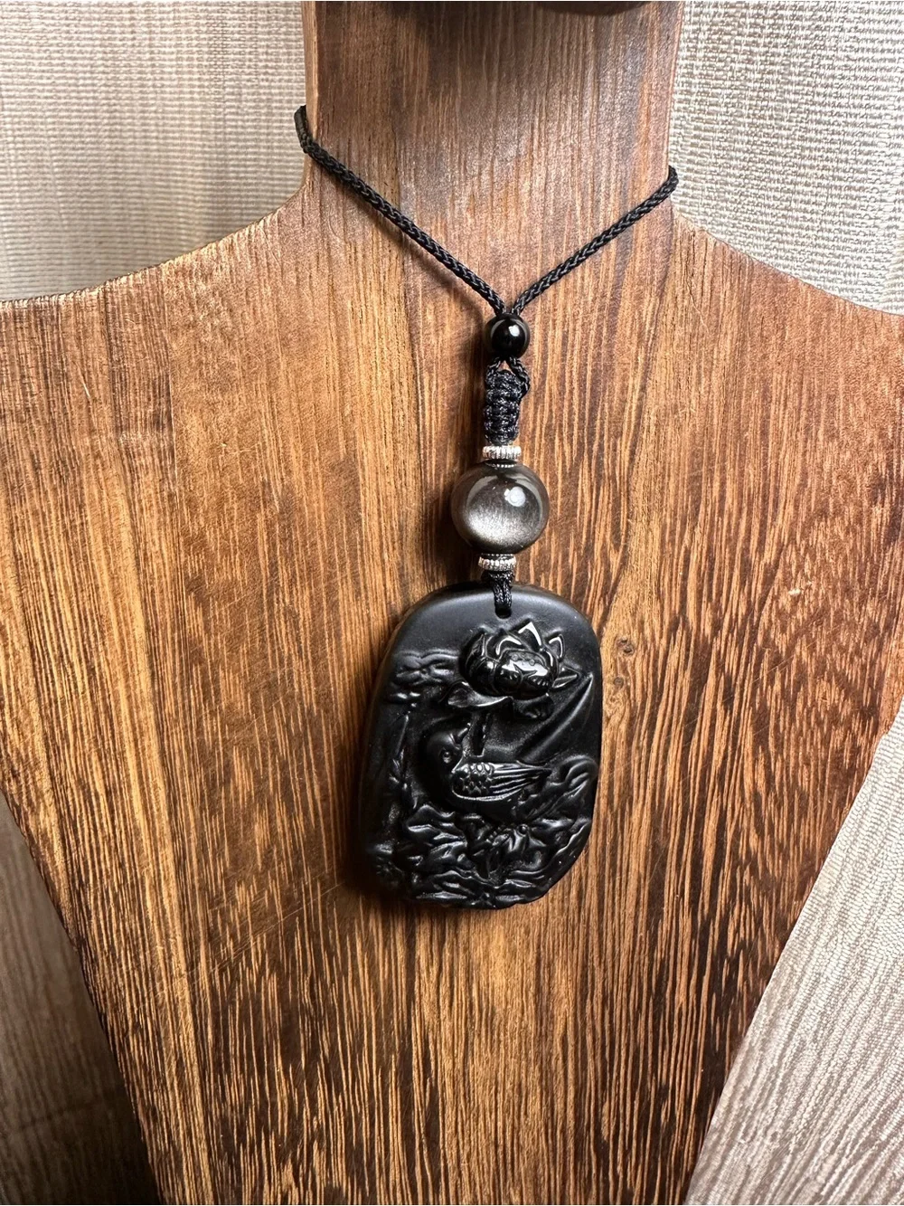 Obsidian Bird and Lotus Carving Pendant Necklace on Black Adjustable Rope